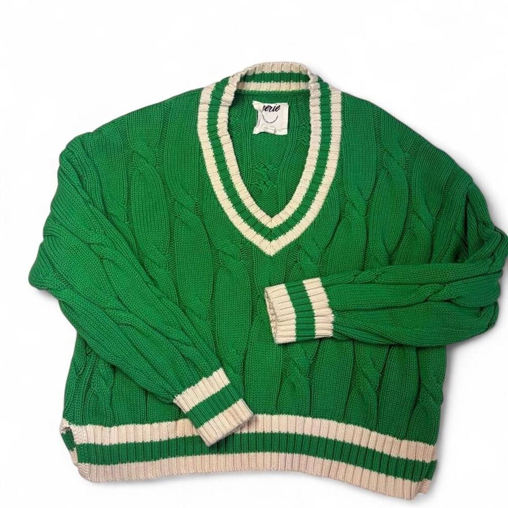 Aerie Women's Green Preppy Chunky Cable Knit Jumper Oversize Sweater Size L